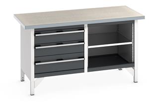 Bott Cubio Storage Workbench 1500mm wide x 750mm Deep x 840mm high supplied with a Linoleum worktop (particle board core with grey linoleum surface and plastic edgebanding), 3 x Drawers (1 x 200mm & 2 x 150mm high) and an open section with full... 1500mm Wide Engineers Storage Benches with Cupboards & Drawers